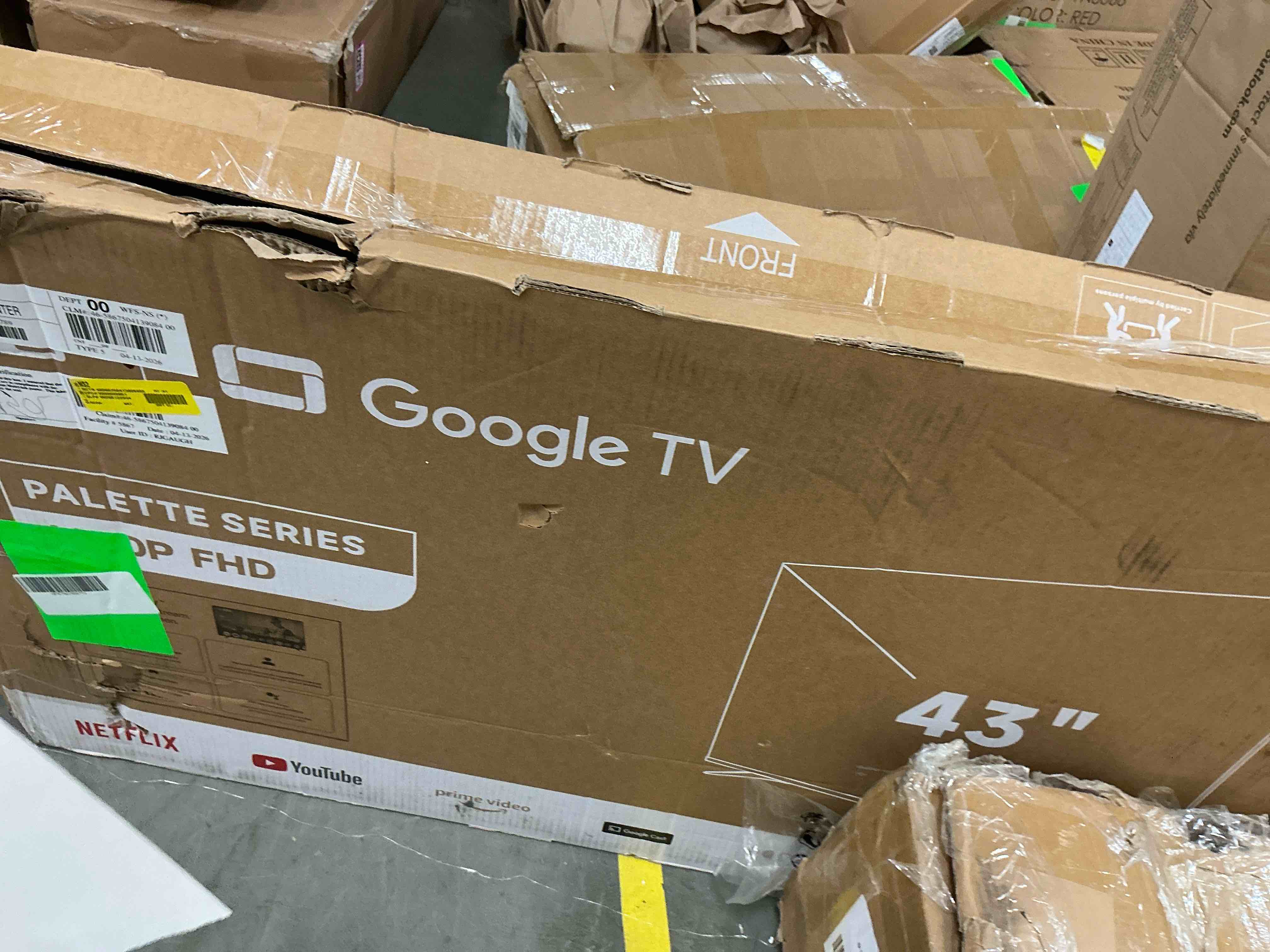 Condition photo showing As Is for fpd 43-inch smart tv, 1080p fhd google tv with google play built-in google cast, dolby audio, hdr 10, flat television with google assistant voice rem