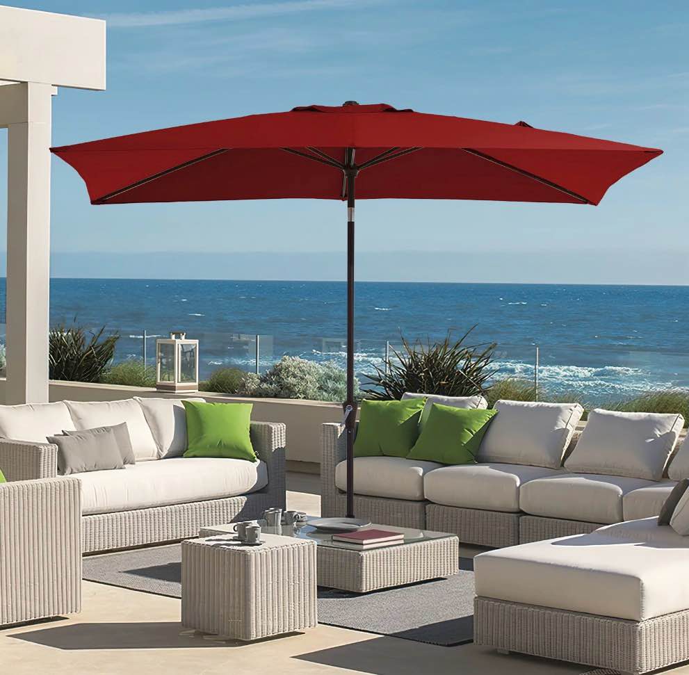 fundaze 6.5' x 10' rectangular patio umbrella w/ crank, 8 sturdy ribs, outdoor shade for chair table deck garden patio poolside balcony backyard, bright red