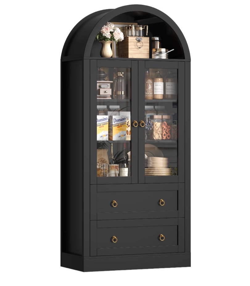 Hiphuta 70" Tall Arched Kitchen Pantry Storage Cabinet with Glass Doors, Freestanding Modern Farmhouse Hutch Cupboard with 2 Large Drawers, for Kitchen Dining Room, Black