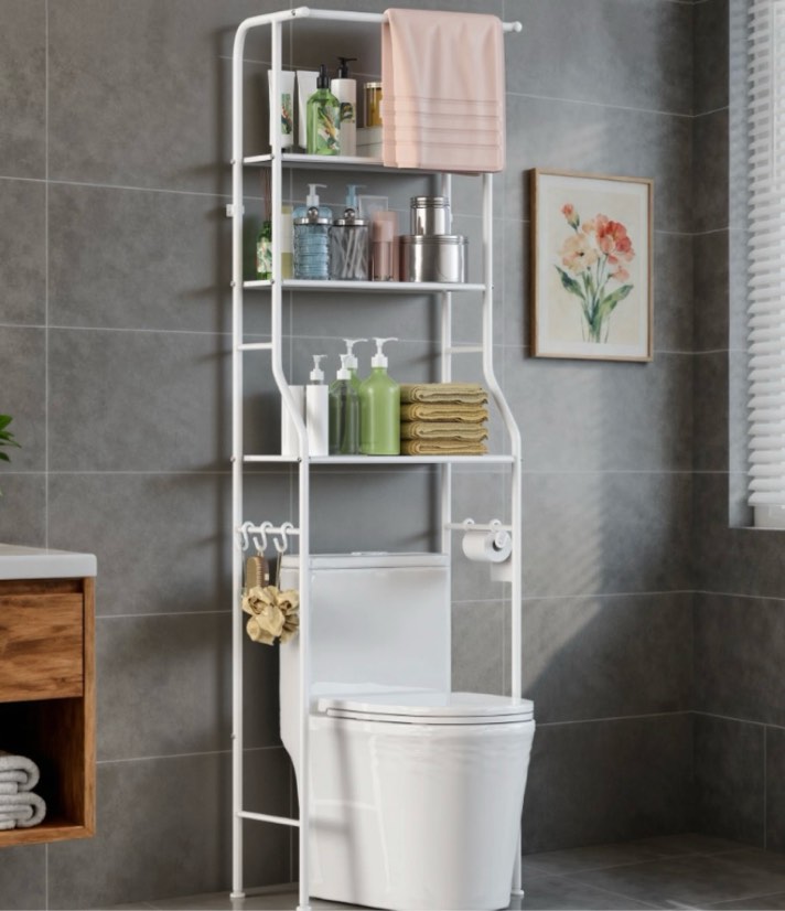 Riousery Over the Toilet Storage Rack, 3 Tier Bathroom Shelf with Hanging Rod, Freestanding Space Saver, White