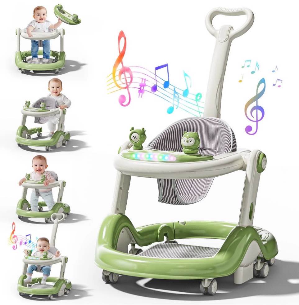 WonderStone 5 in 1 Baby Walker, Foldable Push Walker with Wheels, Music & Light, Baby Bouncer, Baby Activity Center for Boy Girl 6-12 Months (Green)