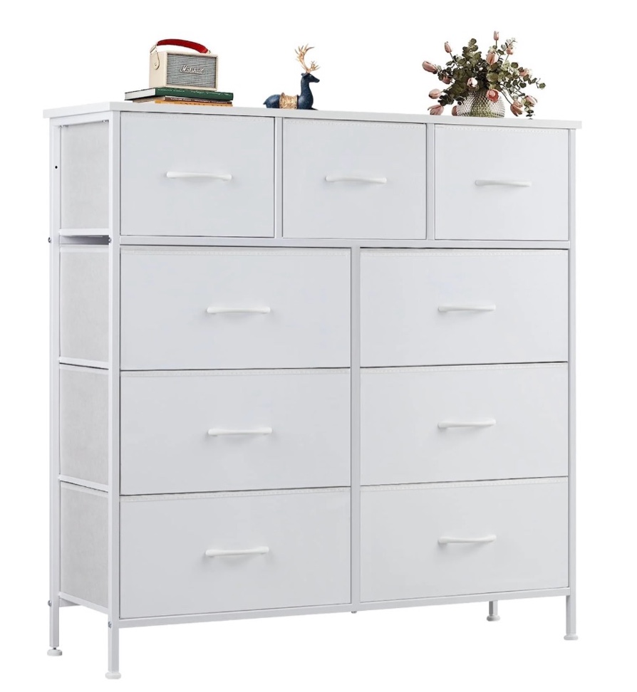 edx Fabric Storage Dresser with 9 Drawers, Steel Frame and Wooden Top for Bedroom, Closet and Entryway , White