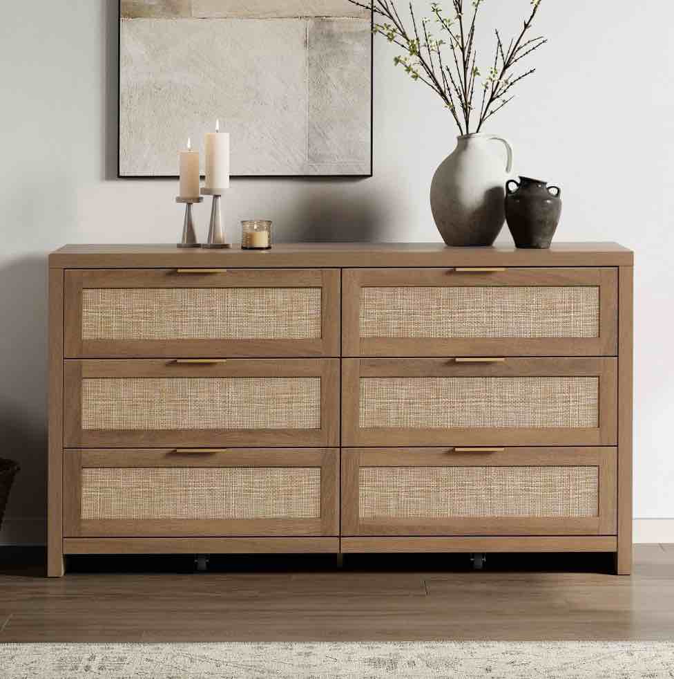 SICOTAS 56.85" 6 Drawer Dresser,Rattan Dresser with Storage,Boho Dressers & Chests of Drawers Wooden Tall Dresser for Bedroom