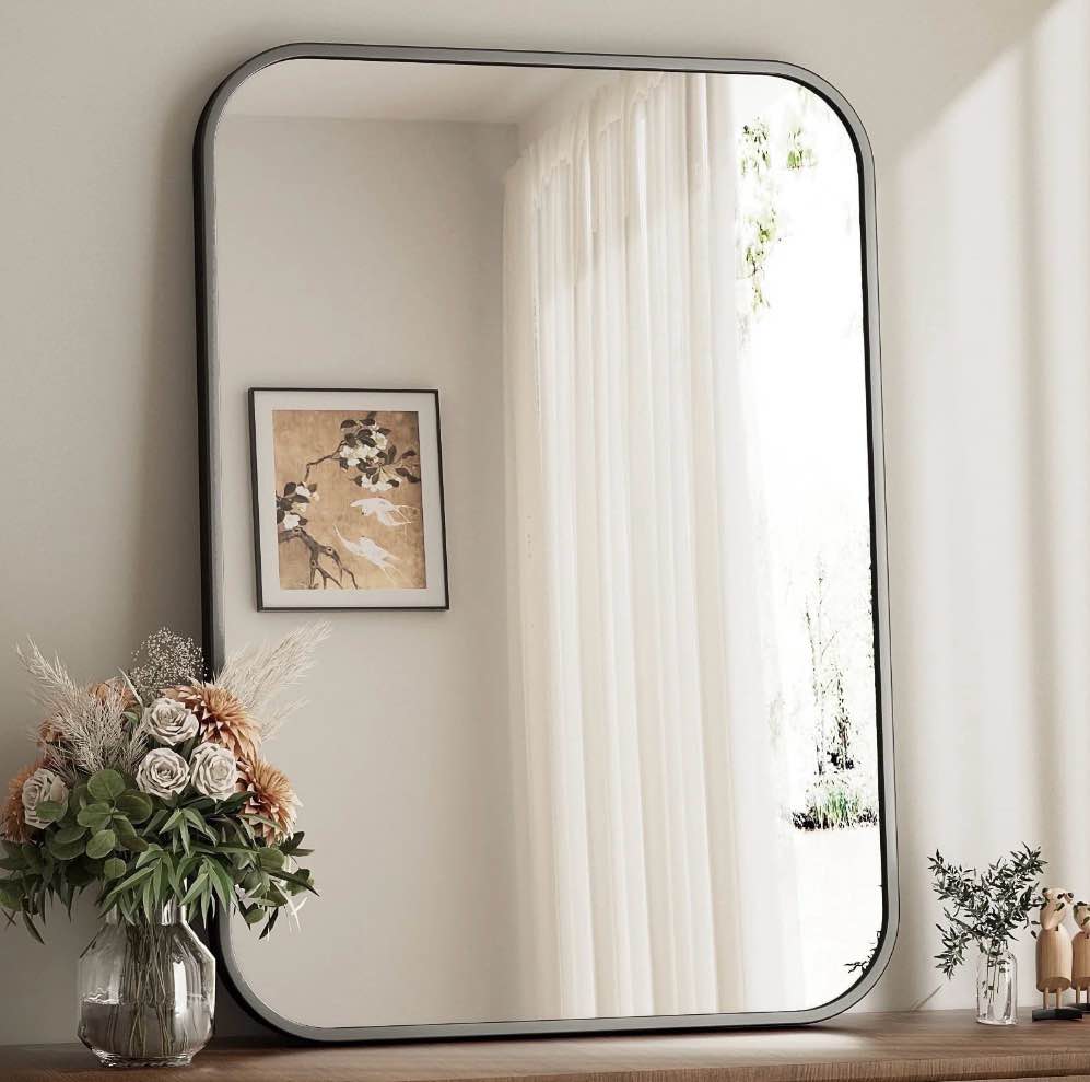 BEAUTYPEAK 20"x28" Wall Mirror Rounded Corners Hanging Vanity Mirror Black