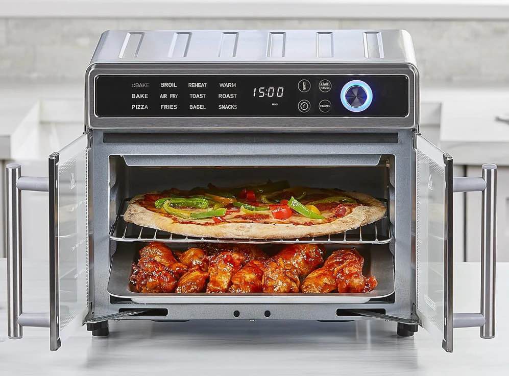 BLACK+DECKER Crisp  N Bake Air Fryer Toaster Oven Combo  12 in 1 Countertop Convection Oven Cooks Food Fast  Fits a Whole Pizza or 6 Toast Slices  French Doors with Stainless Steel Finish