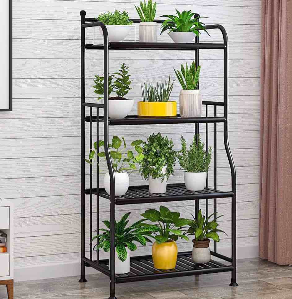 plant stand, 4 tier metal plant stand flower pots holder storage shelf, flower stand plant display for indoors and outdoors, metal, black
