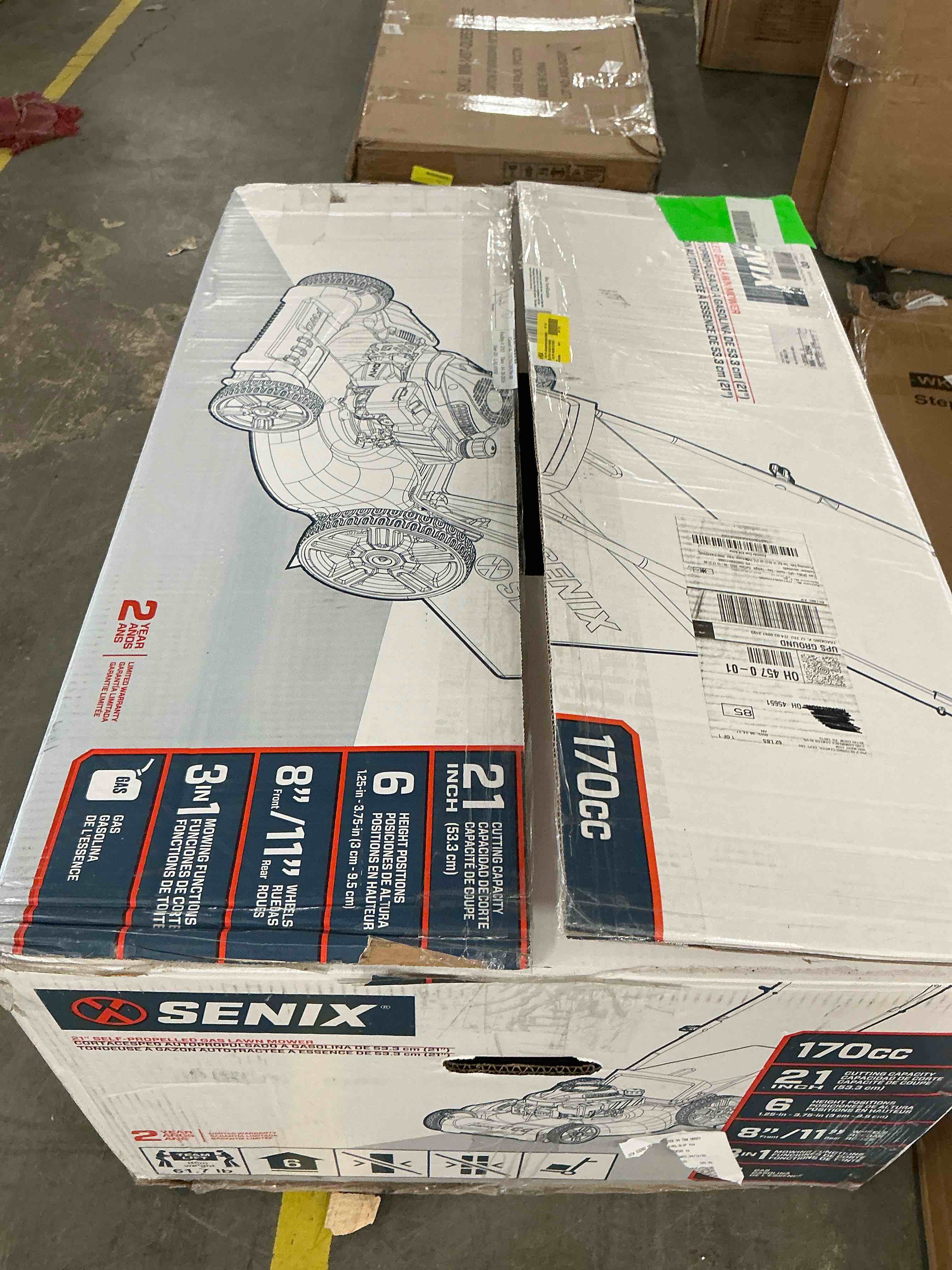 Condition photo showing Good Condition for senix 170cc self-propelled gas lawn mower 21in cutting blade / 22in cutting deck, 3-in-1, 4-cycle engine w/16-gallon bag, 6-height adjustment, 11-in rear wheels, lssg-m10
