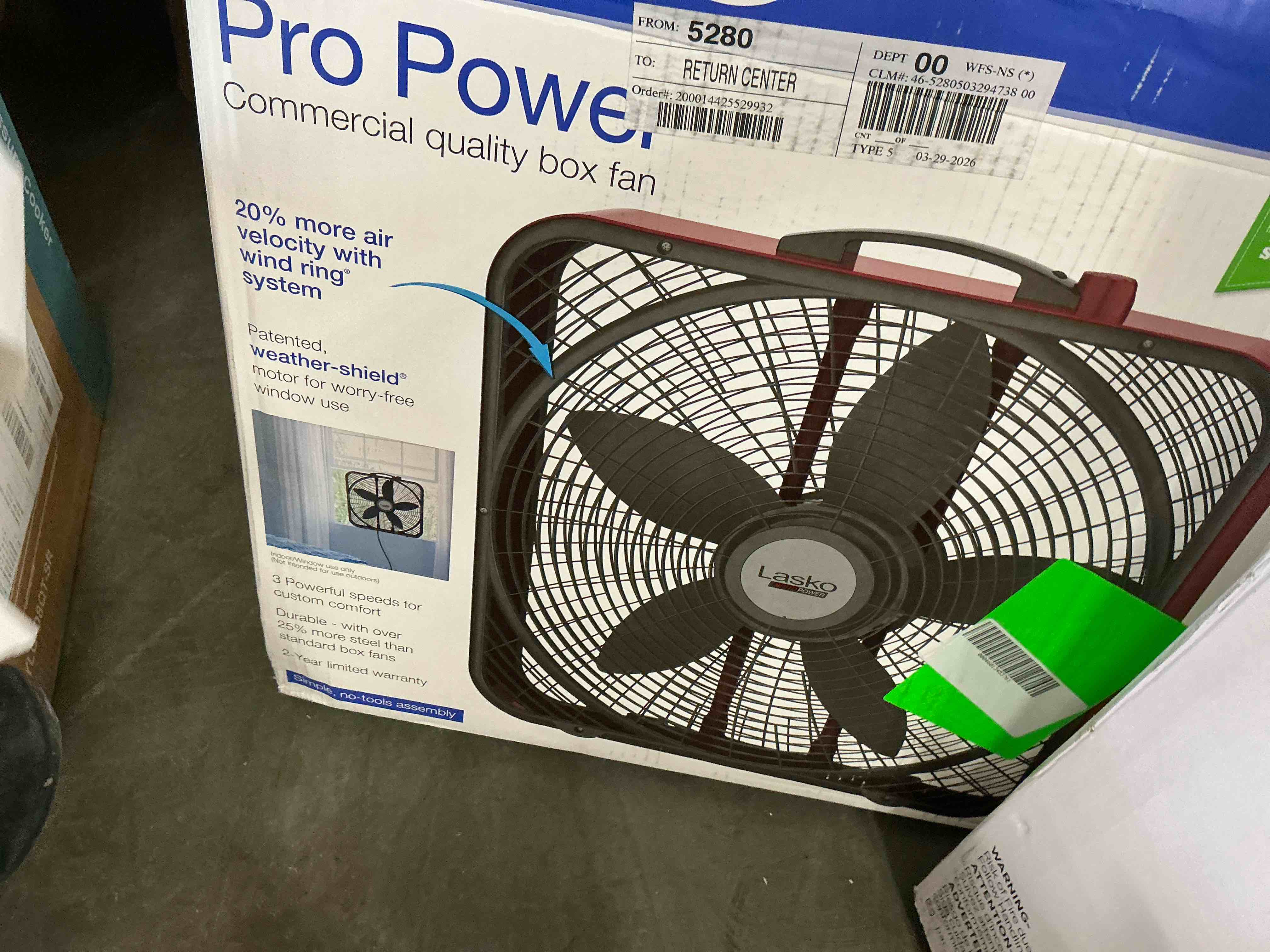 Condition photo showing Good Condition for lasko 20 pro-power 3-speed industrial grade box fan b20548