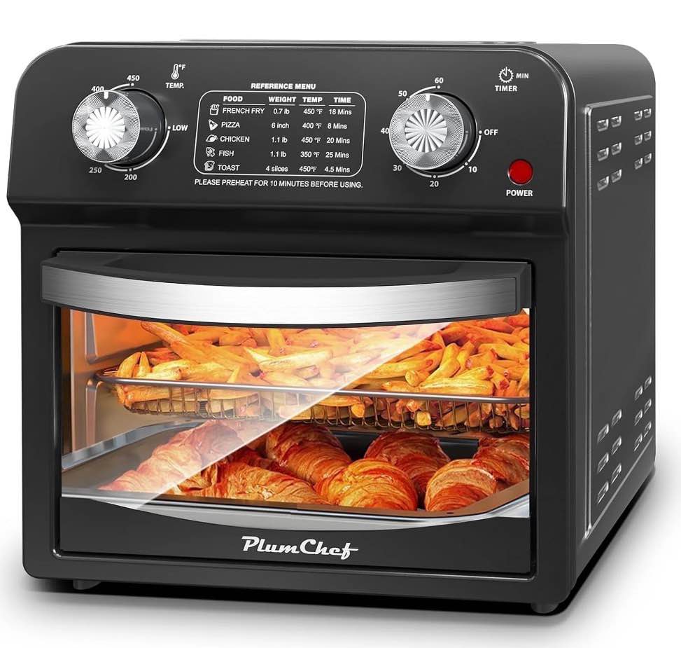 plum chef 13 quart air fryer  oil-less air fryer toaster oven combo with digital recipe  1500w  black