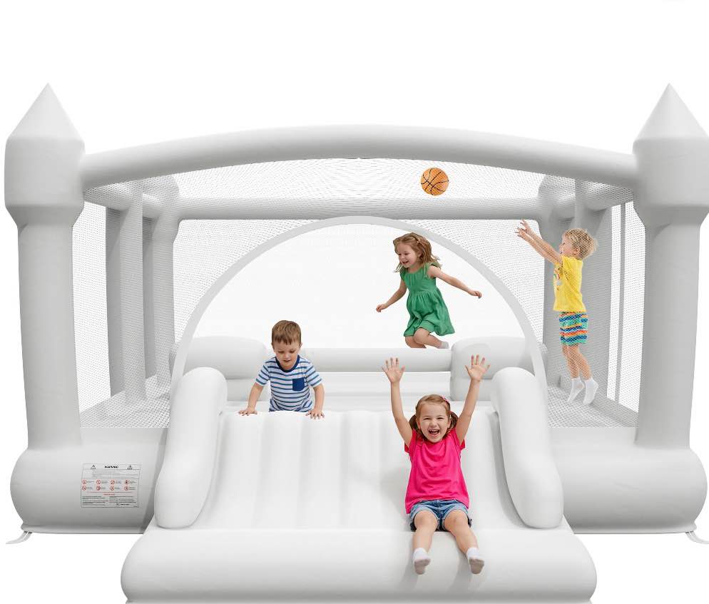 KloKick 15x12 FT Inflatable Bounce House with Slide & Blower  Large Bouncy Castle for 3–10 Year Old Kids  Outdoor Playhouse with Basketball Hoop & Safety Net  White