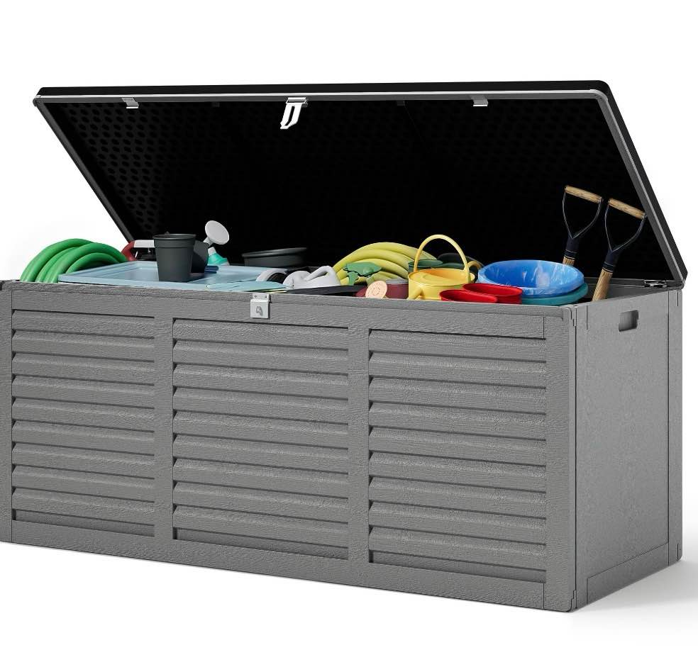 130 gallon resin deck box  outdoor lockable storage container for patio cushions  garden tools  pool supplies  toys  waterproof and uv resistant  reinforced rib design  gray