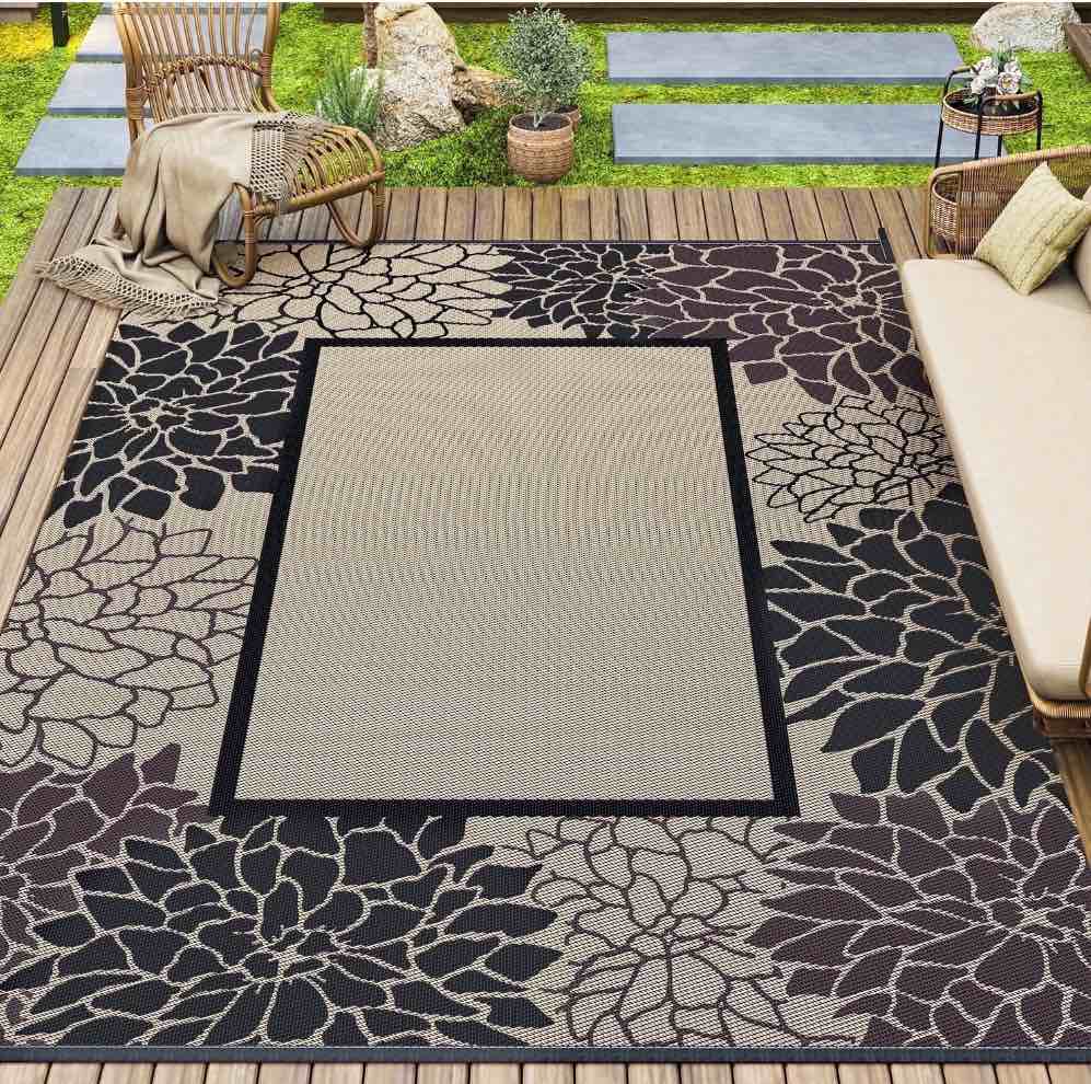 sixhome outdoor rug 8 x10 waterproof reversible patio rug floral border plastic straw indoor outdoor rug for rv camping garden picnic beach deck backyard porch decor black and beige