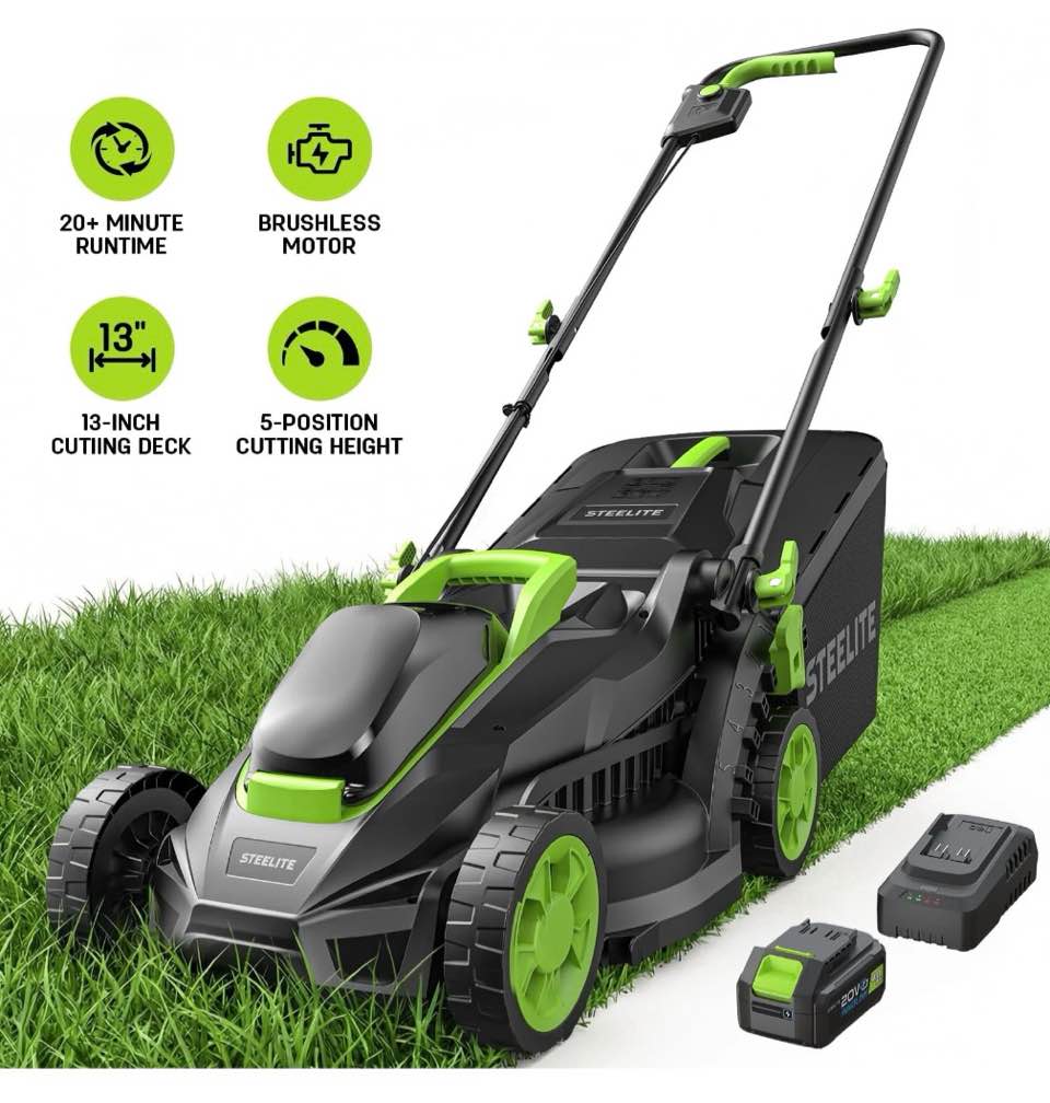 steelite 13-inch cordless lawn mower, 21v electric lawn mowers with brushless motor for garden,5 heights adjustment, 4.0ah battery & charger included