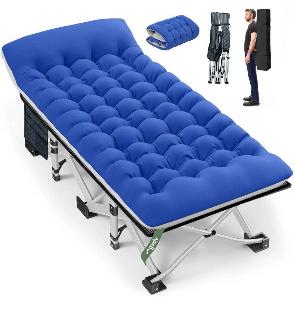 gvdv folding camping cot for adults with 2 sided mattress - 75" x 28" cot, 1200d oxford portable cot bed with carry bag for camp travel guest, blue