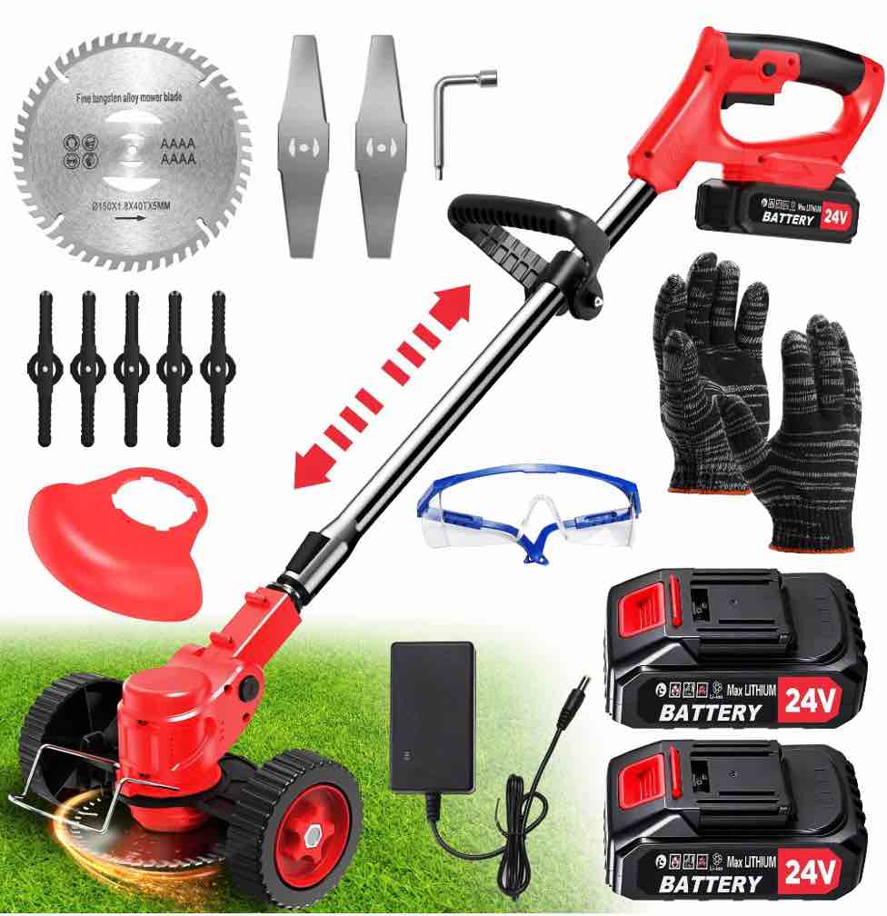 tntants electric weed wacker  cordless string trimmer with wheels  2pcs 24v batteries  3 types of blades  adjustable length  weed eater grass trimmer/edger/brush cutter for lawn yard garden (red)