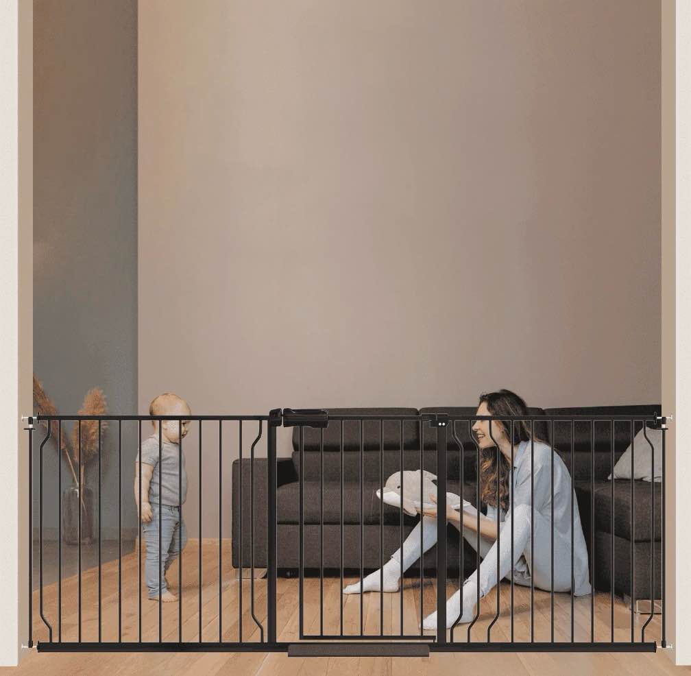 furdear 76-84" extra wide baby safety gate with wall protectors walk thru black metal gate