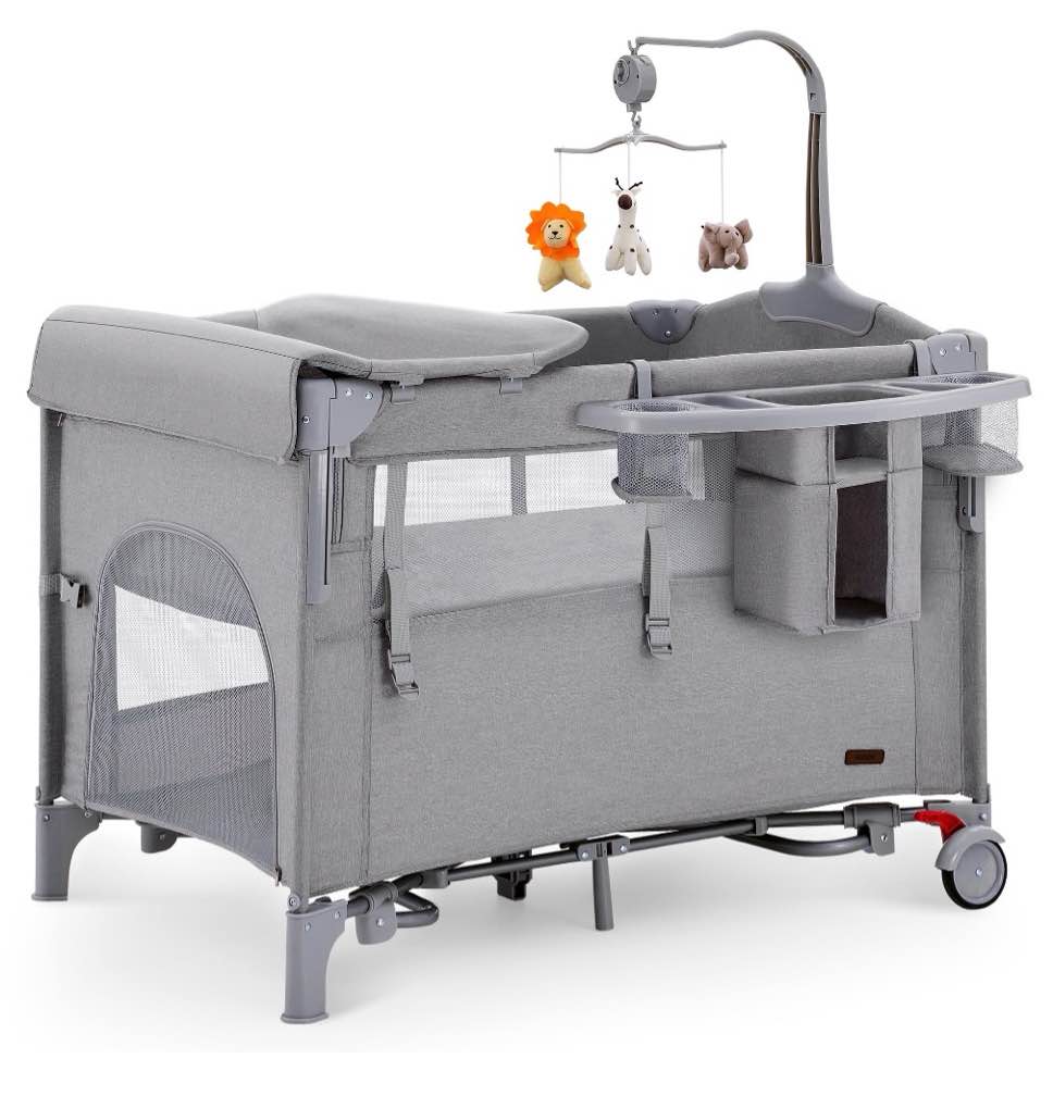 harppa 5 in 1 portable playard and bassinet bedside sleeper for newborn to toddler, unisex, gray