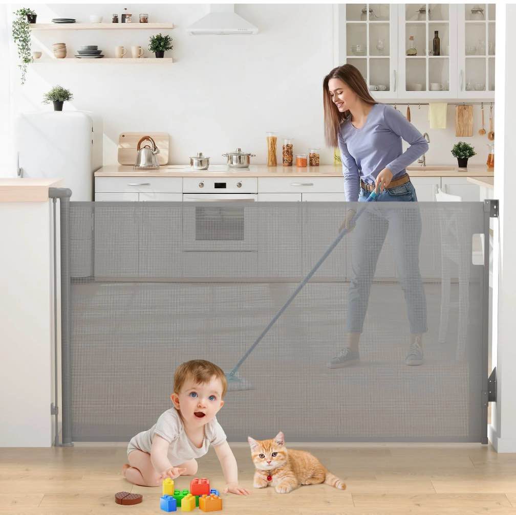 vomeast retractable safety gate,extends up to 71in wide,37.4in tall baby safety gates dog gate for doorways stairs(grey)