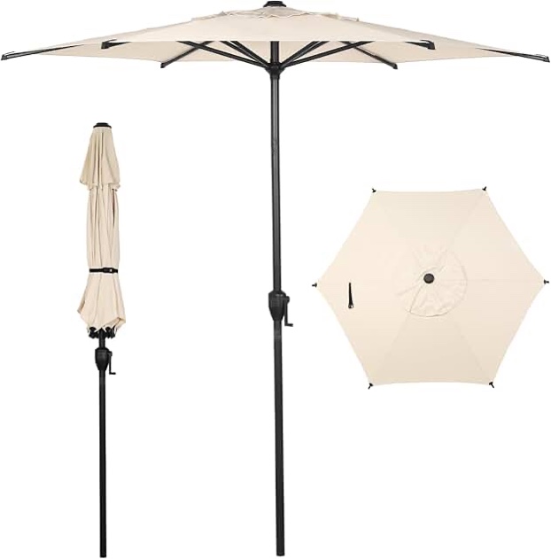 Ainfox 7.5ft Beige Outdoor Market Patio Umbrella with Push Button Tilt and Crank  Waterproof UV Protection