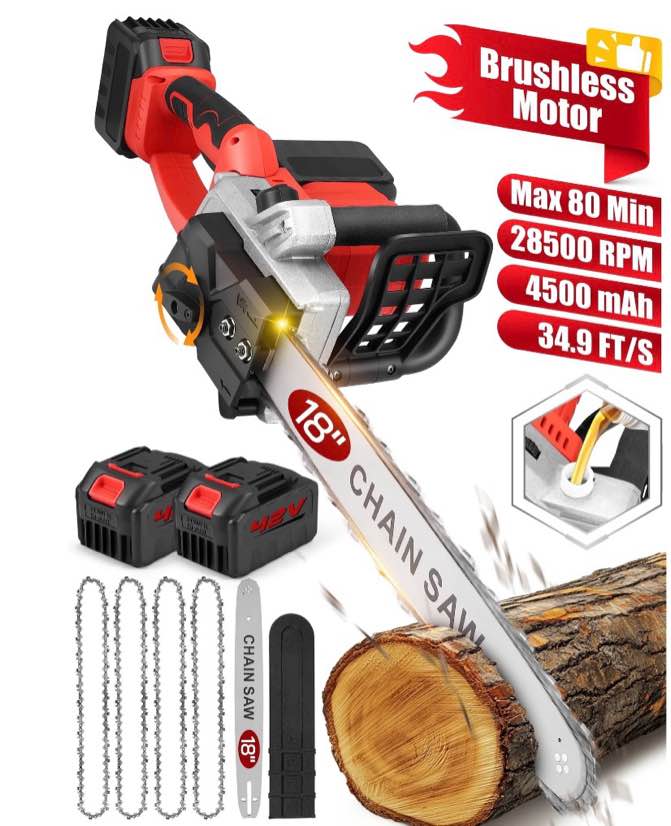 RELOIVE 18-inch Cordless Electric Chainsaw with Brushless Motor, 28,500 RPM, 34.9 FT/S Chain Speed, Includes 2 x 4.5Ah Batteries, 4 Chains,Portable Handheld Wood Cutting Tool