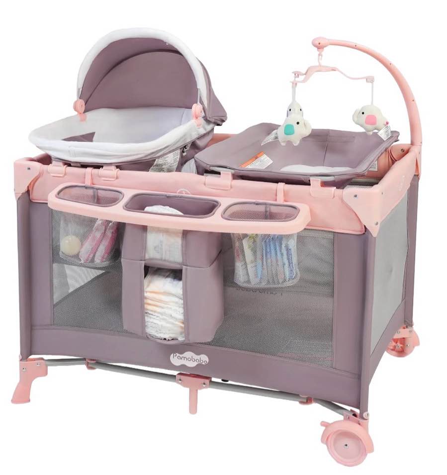 Pamo Babe 4-in-1 Baby Playard with Bassinet & Changing Table for Newborn,4-Panels Playpen