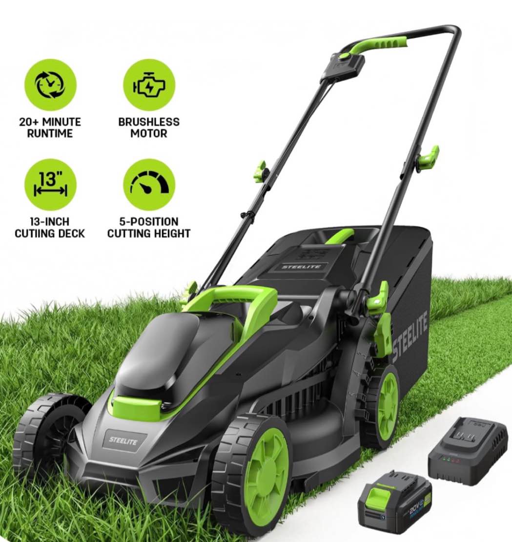 Steelite 13-Inch Cordless Lawn Mower, 21v Electric Lawn Mowers With Brushless Motor For Garden,5 Heights Adjustment, 4.0ah Battery & Charger Included