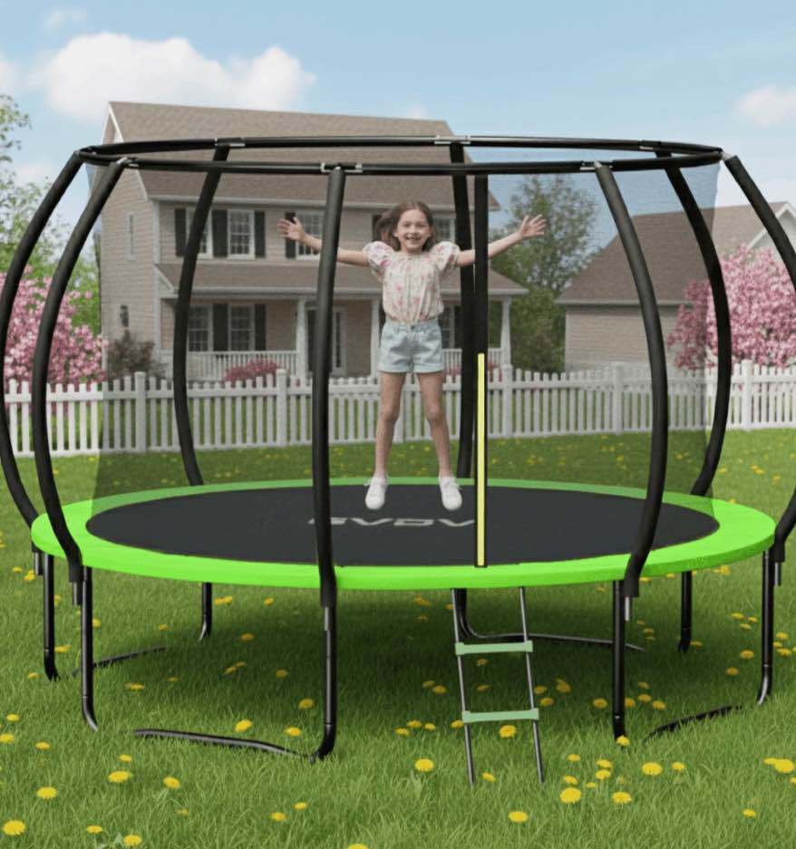 GVDV Outdoor Trampoline, 10' Backyard Recreational Pumpkin Trampoline for Kids with Enclosure