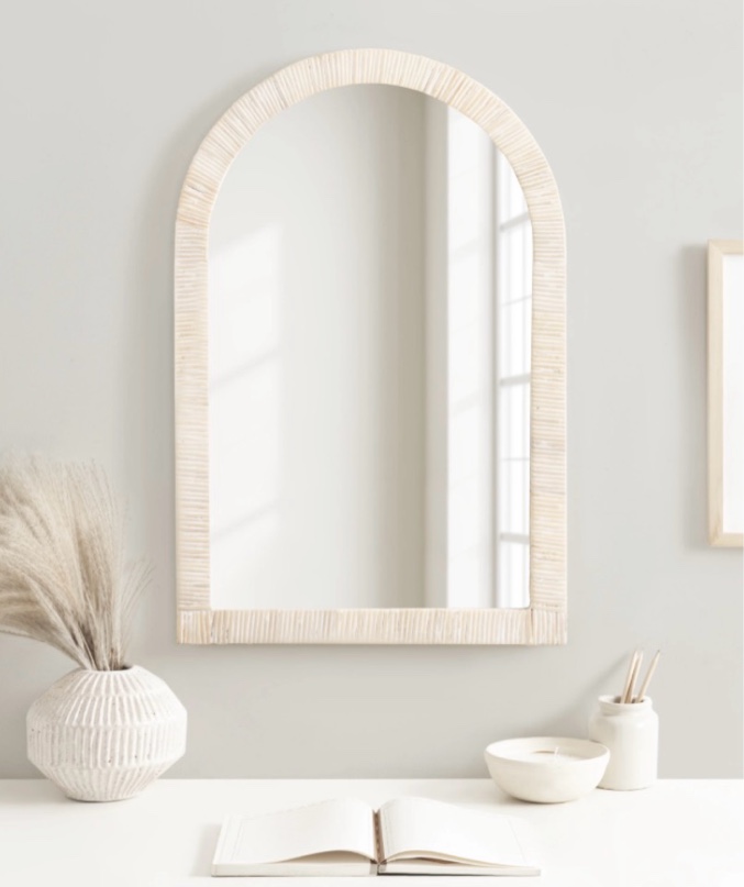  Rahfy Boho Arched Rattan Mirror, 20 x 30, White, Decorative Arch Wall Mirror with Authentic Rattan Frame for Vanity Bathroom Mirror