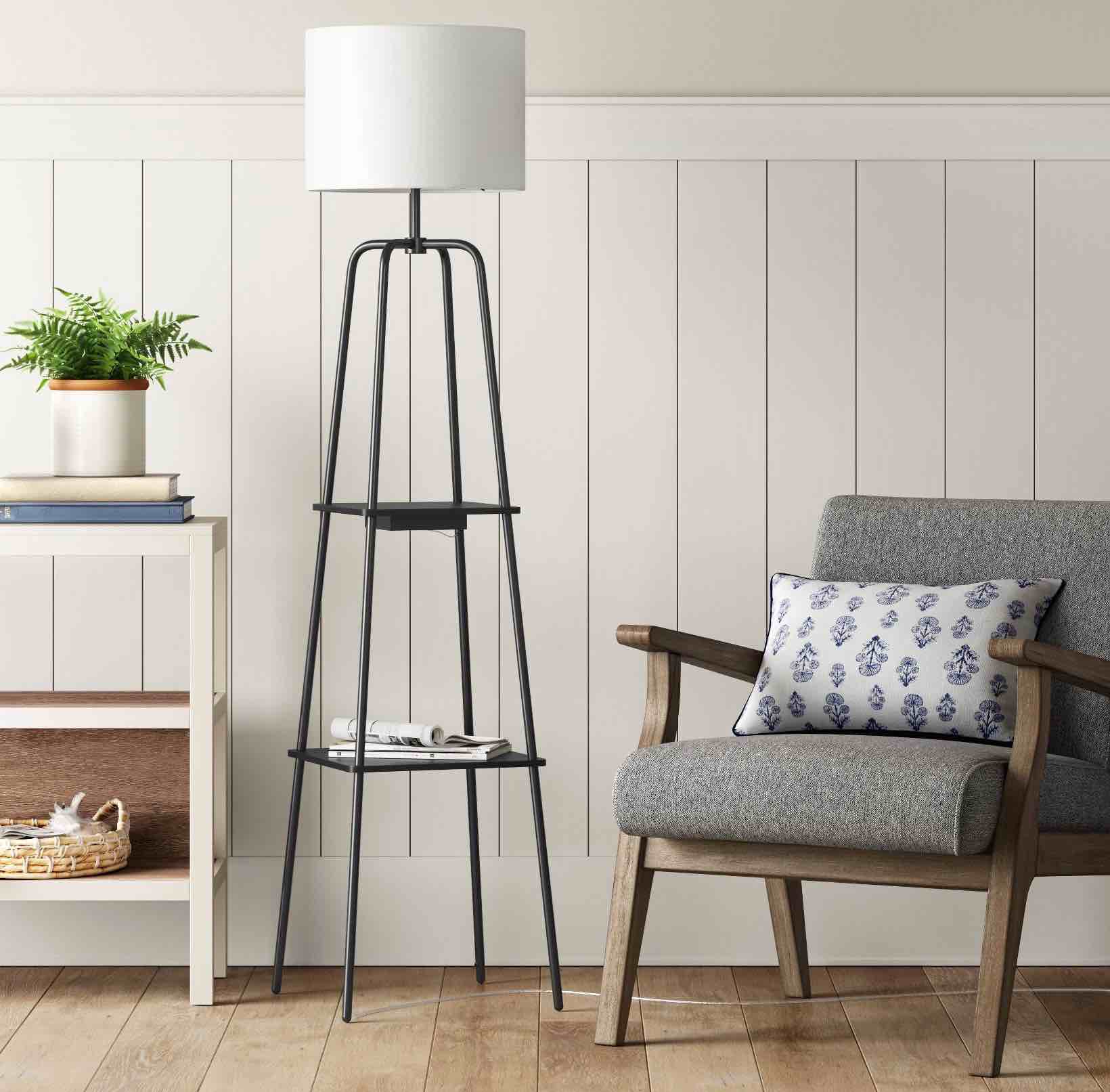 20" Etagere Power Source Shelf Floor Lamp Black Metal/Wood - Threshold™: USB Port, Modern Design