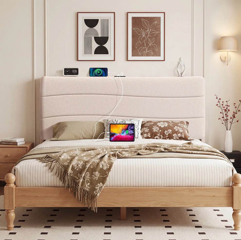jonpony tufted upholstered headboard queen size, solid wood head board with durable metal legs, adjustable height bed headboard from 37” to 51” fabric headboard in modern button design, beige