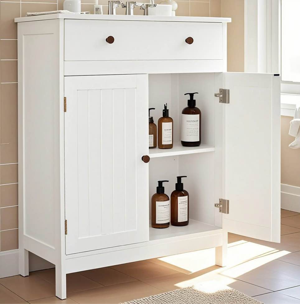 ktaxon bathroom floor cabinet freestanding storage cupboard w/ drawer and 2 doors mdf white