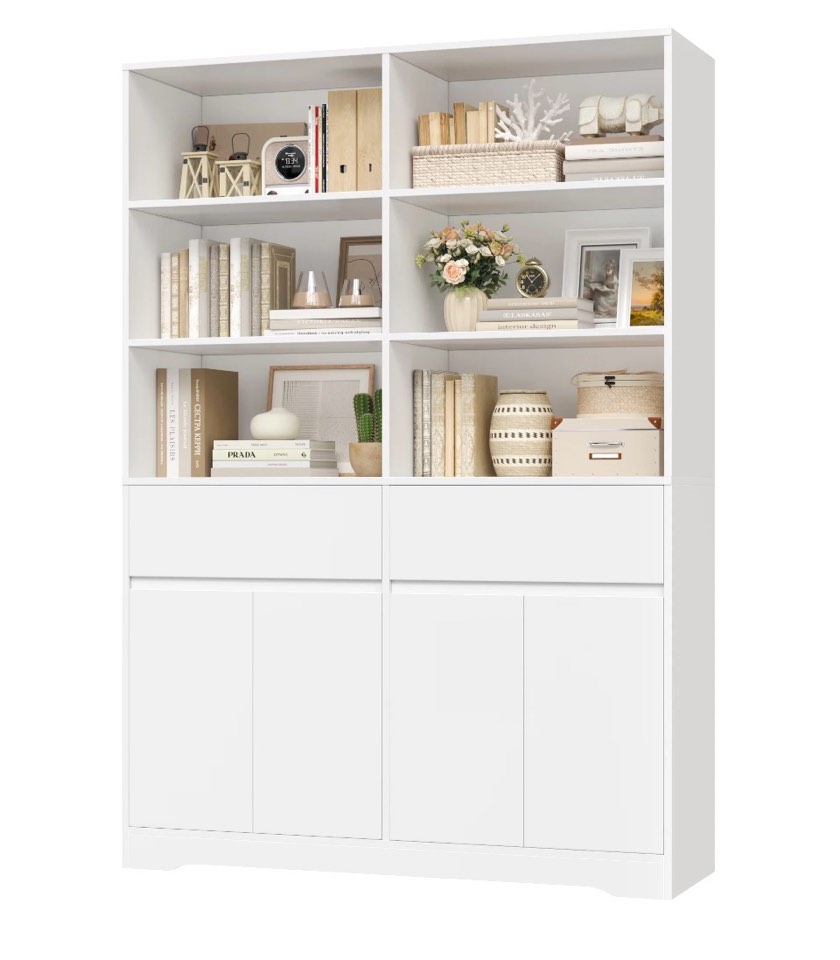 Hiphuta 69"H Modern Bookcases with Doors & Drawers, Large Wooden Display Shelf for Home Office, Wooden Storage Bookshelf for Living Room, White