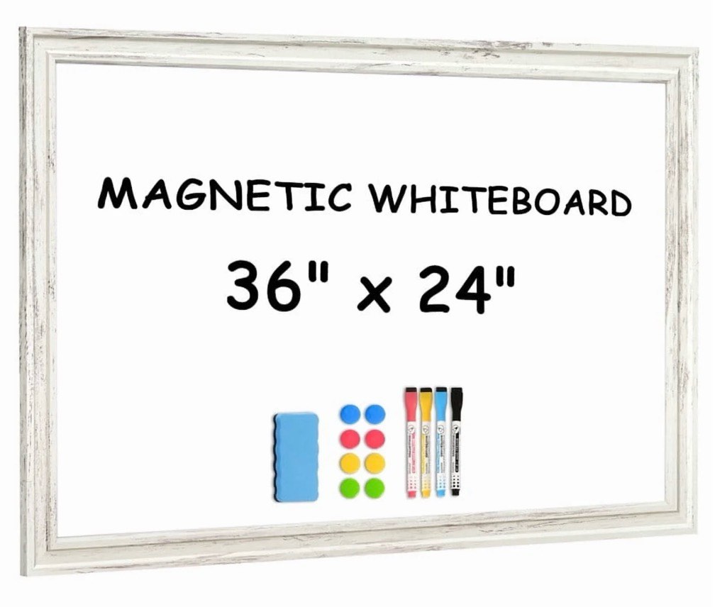 dry erase white board 36 x 24 in magnetic whiteboard white vintage wood frame wall-mounted white board decorative notice board for wall office home decor hanging board with 8 magnets 4 markers