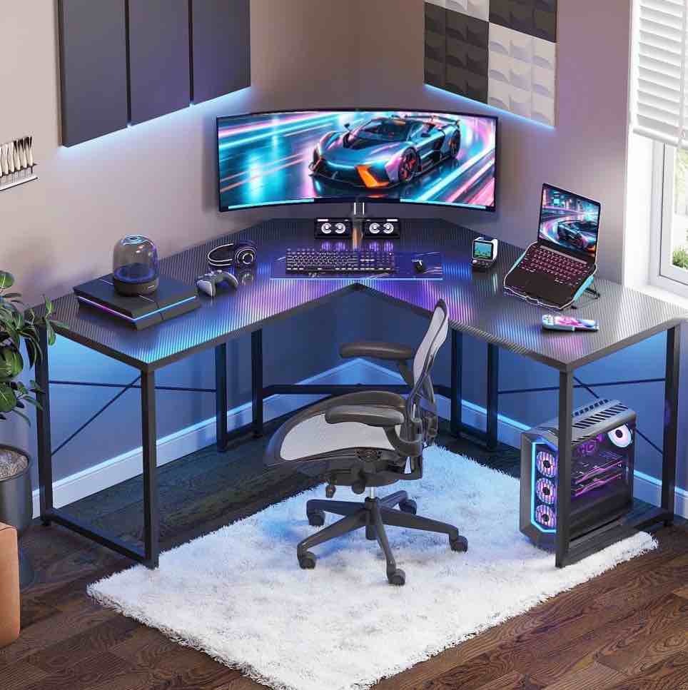 casacomoda computer desk l shaped, 51 inch reversible l shaped desk, gaming desk, home office desk, carbon fiber black
