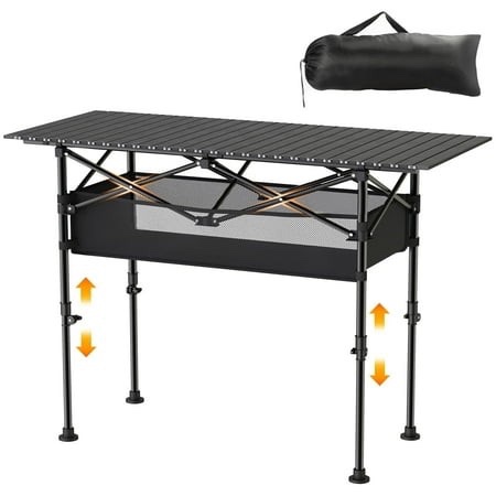 camping table with mesh basket folding camp aluminum lightweight roll up table height adjustable metal outdoor table for camp cooking bbq bcakyar