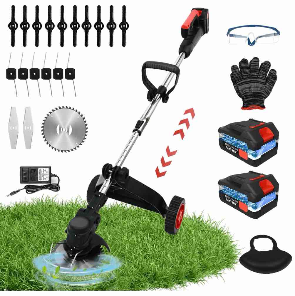 Electric Cordless Weed Eater Grass Trimmer Weed Wacker with 2*2000mAh Batteries Lawn Edger Brush Cutting Machine Adjustable Handle & 3 Types Blades