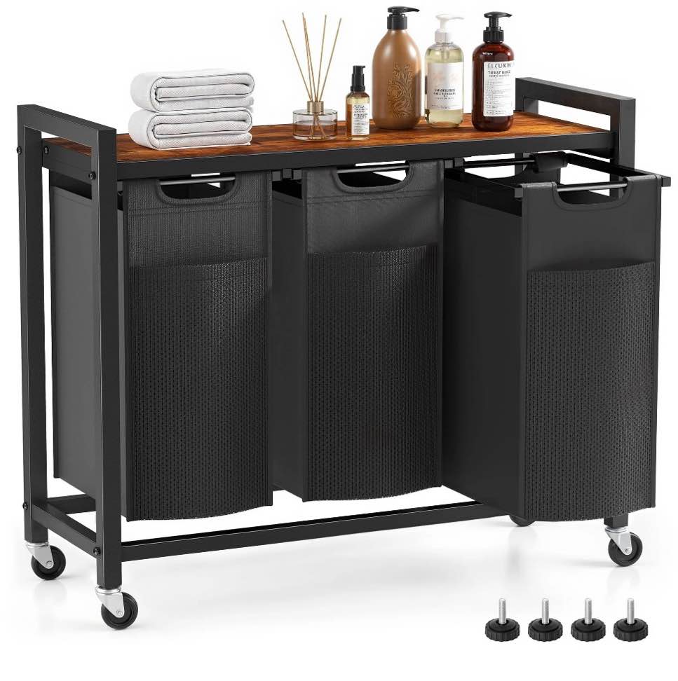 edx Laundry Hamper with 3 Pull-Out Removable Laundry Bags Clothing Sorter with Shelf and Wheels(Adjustable feet) 3 x 8.6 Gallons (32.5 Liters) for Laundry Rooms Bathrooms and Dorms