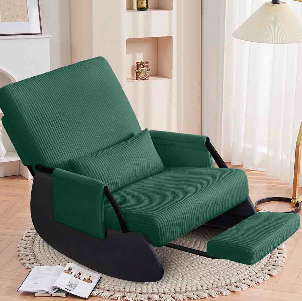 Primy Nursery Rocking Chair, Low-Seat Glider Chair, Upholstered Rocking Accent Chair Recliner with Side Pocket and Foot Rest for Mom Nursery Living Room Bedroom