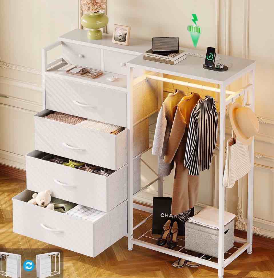 Dresser for Bedroom with Clothes Rack, 6 Drawers Dresser with Charging Station & LED Lights, White Storage Chest of Shelf for Bedroom, White