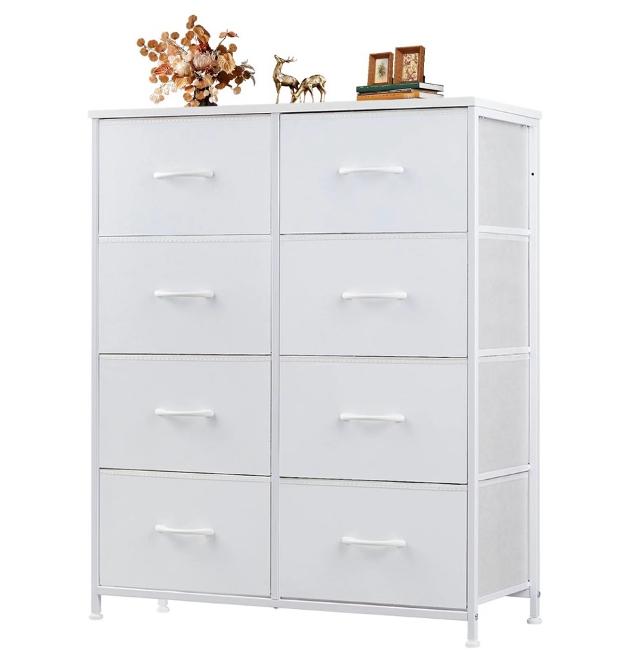 JIOABL 8 Drawer Chest Organizer with Fabric Bins, Dresser for Bedroom, Tall Steel Frame, White