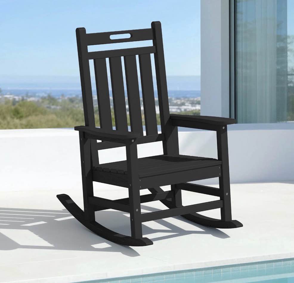 LOYALICE HDPE Outdoor Rocking Chair for Porch Patio, All-Weather High Back Rocker with Wood-Grain Texture, Heavy-Duty Deck Garden Seating, Fade-Resistant & Easy to Clean,Black