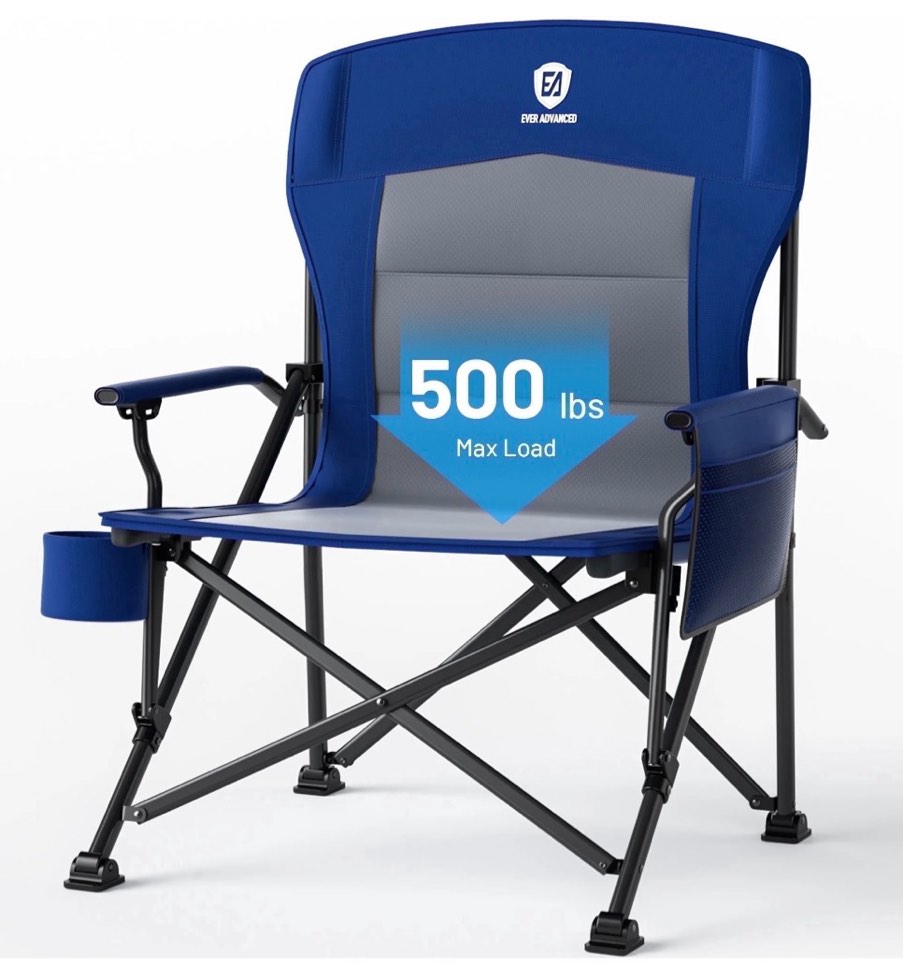 EVER ADVANCED Oversized Folding Camping Chair High Back Lawn Chair for Adults with Side Pockets & Cup Holder Support Up to 500lbs Blue