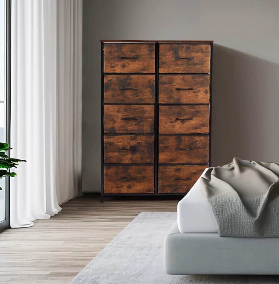 Edx 10 Drawers Dresser For Bedroom, Fabric Storage Organizer Tower Cabinet, Rustic Brown 45.6"Hx31.4"Wx11.8"D