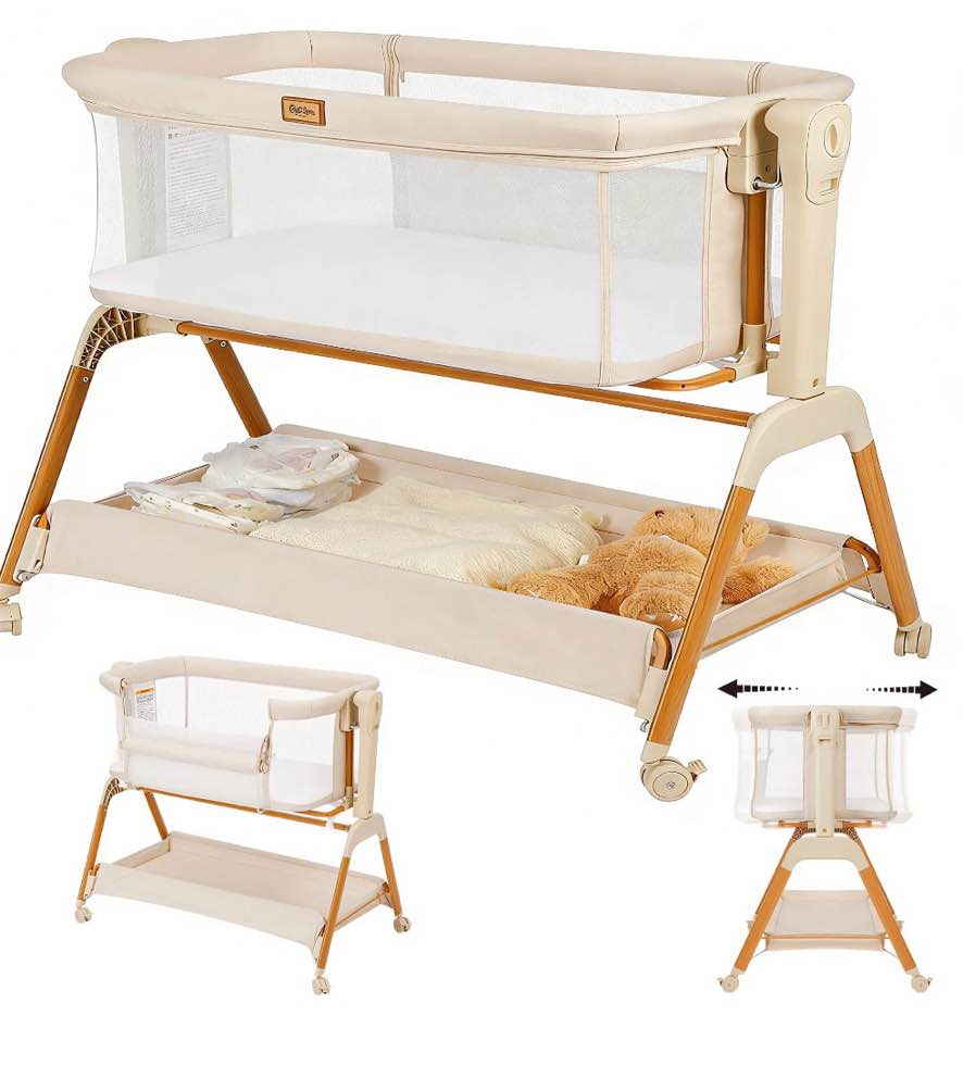 Baby Bassinet, Bobiber 3-in-1 Baby Bassinet Bedside Sleeper with Rocking and Adjustable Height, Storage Basket, Wheels, for 0-24 Months,White