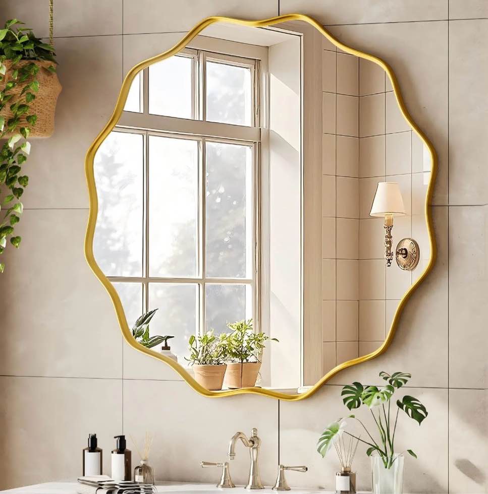 BEAUTYPEAK 30" Wavy Round Bathroom Mirror Wall Decor with Deep Frame, Gold