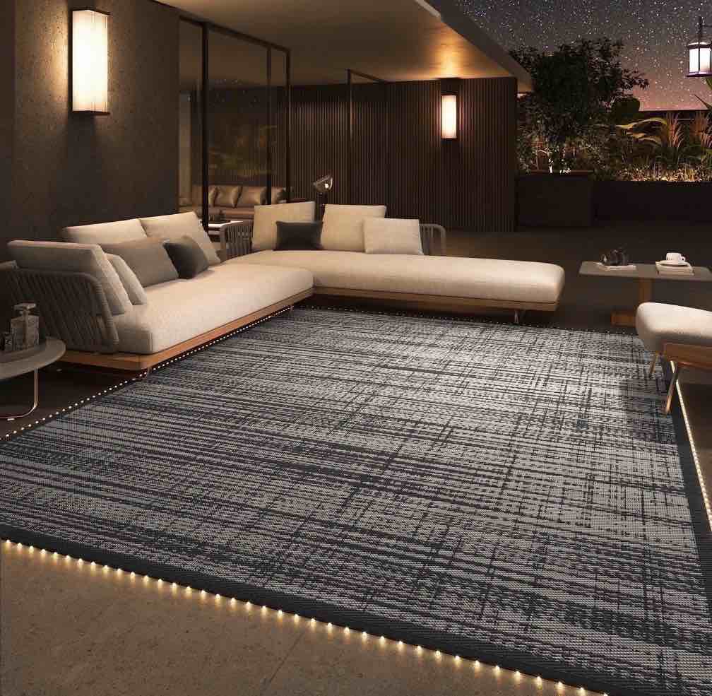 VUNATE Outdoor Rug with LED Strip Lights 9 x12 Waterproof Reversible Patio Rug Plastic Straw Lightweight Indoor Outdoor Rug for RV Camping Deck Balcony Boho Porch Decor Dark Gray and White