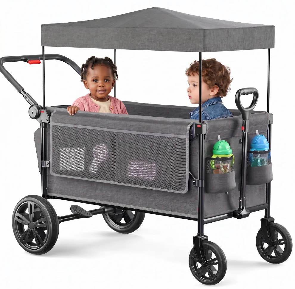 sacvon all-terrain stroller wagon for toddlers with canopy, parent organizer, adjustable handlebar, 2 cup holders