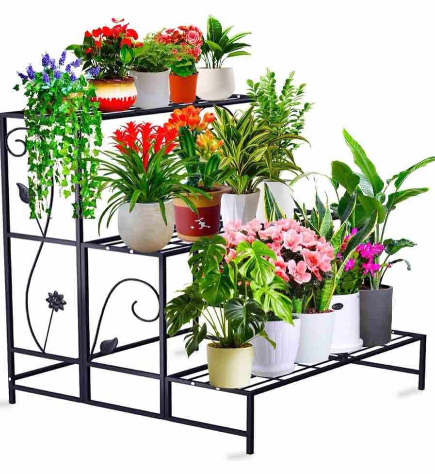 flyclix 3-tier metal plant stands for indoors and outdoor use – durable waterproof plant shelf perfect for displaying large planters flower pots and indoor gardens on your patio balcony