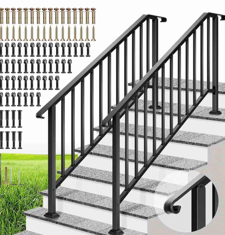 specstar 2-pack galvanized steel hand rails for outdoor steps – 67.6" curved ends and safety balusters exterior railing kit for porch, deck, or indoor stairs (6-step, black)
