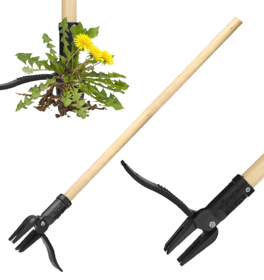 stand up weed puller tool heavy duty weeding tool with long wooden handle and 4-claw steel head
